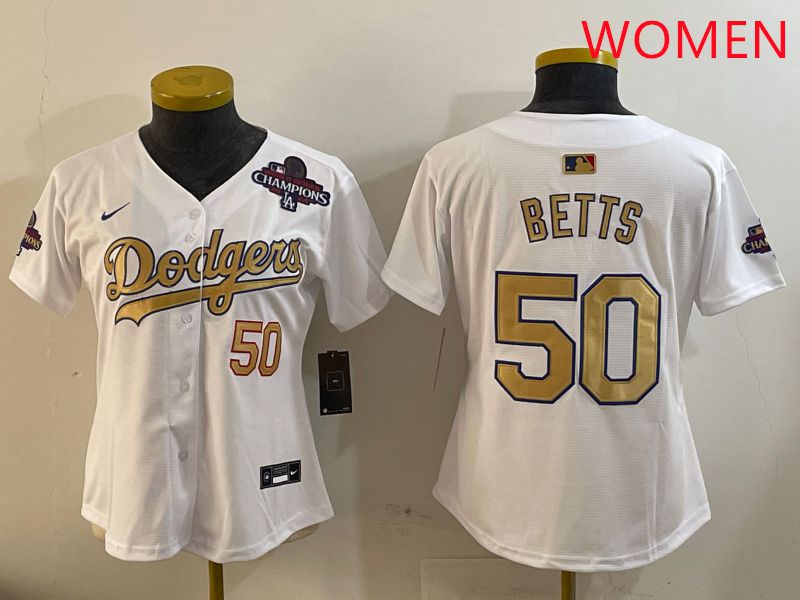 Women Los Angeles Dodgers #50 Betts White Champion gold character 2025 Nike MLB Jersey style 4091->women mlb jersey->Women Jersey